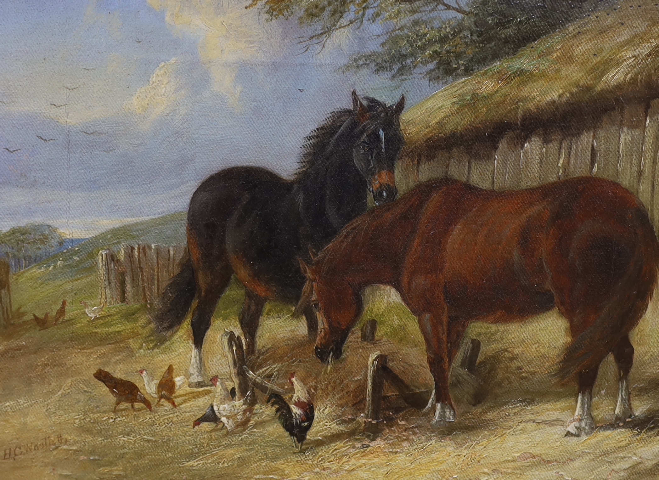 Henry Charles Woollett (1826 - 1893) pair of oils on canvas, Farmyard scenes with horses and chickens, signed, each 29cm x 22cm